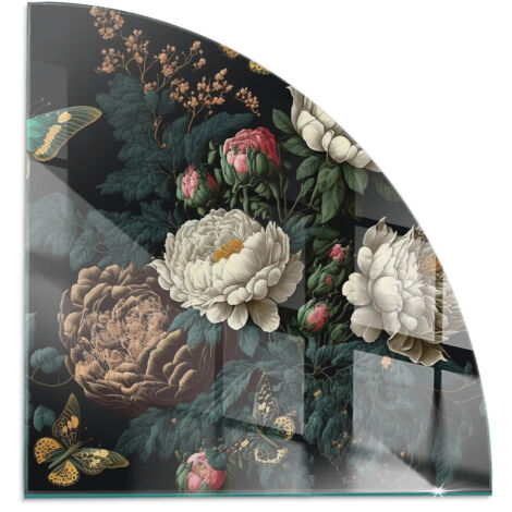 Plaque en verre Cheminée Protecteur de Sol Sous la Cheminée Verre Trempé Protection Thermique Motif floral avec papillons 1/4 100x100 cm