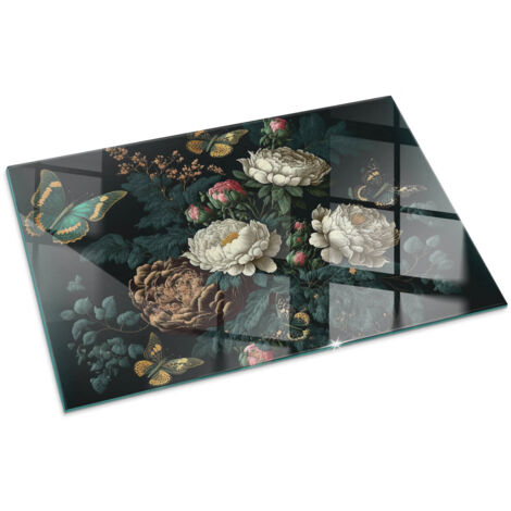 Plaque Rectangulaire décorative imprimée sous cheminée et poêle indépendant Protection Thermique Motif floral avec papillons 100x70 cm