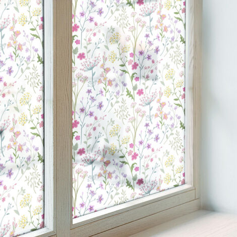 Film pour Vitre Intimité 100x100 cm Vitrail Collés sur le Verre Protection PVC pour Chambre Cuisine Salle de Bain Adhésif Décoratif prairie fleurie (1/5)