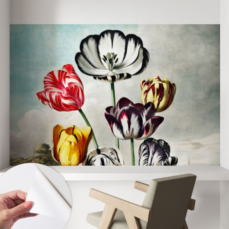 Tapete adhésive moderne pour salon et chambre à coucher Décoration rapide avec colle Tulipes colorées 104x70 cm (1/5)
