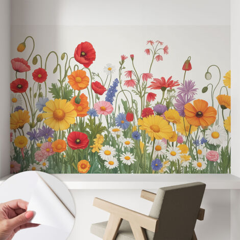 Papier peint autocollant adhésif décoratif avec motifs pour salon et chambre a motif Prairie fleurie 104x70 cm (1/5)
