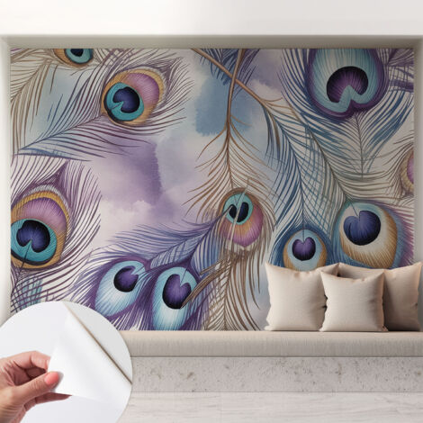 Papier peint autocollant adhésif avec imprimé motifs uniques apparence moderne Plumes de paon 208x146 cm (1/5)