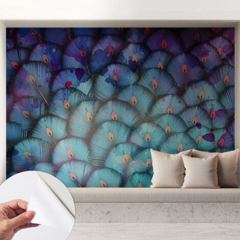 Papier peint autocollant adhésif avec motifs pour salon et chambre accessoire stylé pour votre intérieur Plumes colorées 208x146 cm (1/5)