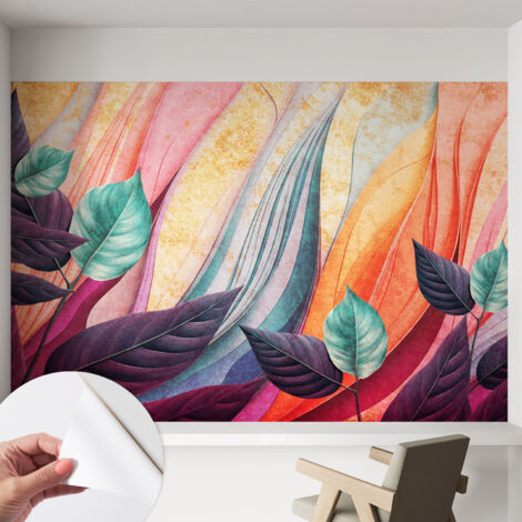 Papier peint adhésif décoratif avec colle pour salon chambre et bureau Installation rapide Feuilles abstraites 152x104 cm (1/5)