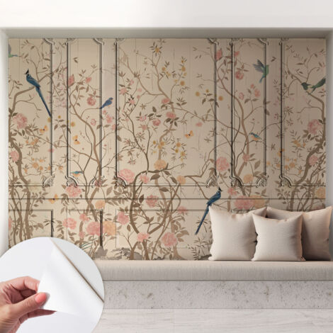Papier peint adhésif décoratif pour salon chambre et cuisine Facile à poser avec colle Oiseaux et fleurs 208x146 cm (1/5)