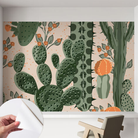 Papier peint adhésif autocollant pour salon chambre à coucher tendance et originale Cactus verts 152x104 cm (1/5)