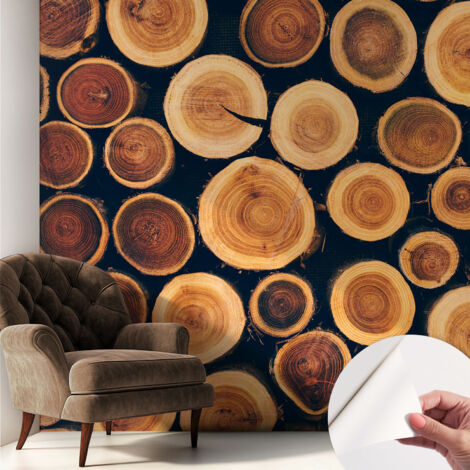 Papier peint adhésif décoratif pour chambre et salon Design moderne à poser facilement Cercles de bois 250x250 cm (1/5)