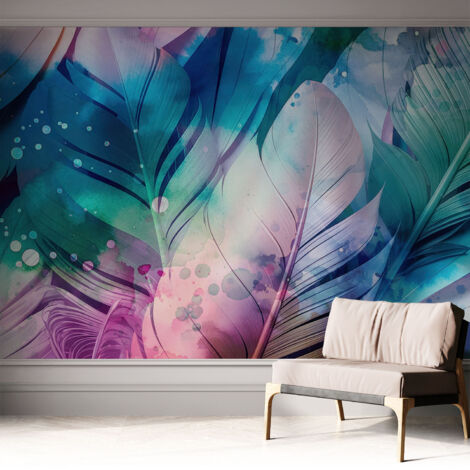 Papier peint autocollant décoratif à motifs pour salon chambre et bureau Tapete adhésif pour décoration Plumes colorées 312x219 cm (1/5)