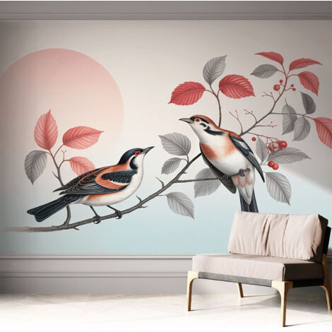 Papier peint adhésif décoratif avec colle pour salon chambre à coucher et bureau Design moderne et facile à poser Oiseaux perchés 312x219 cm (1/5)