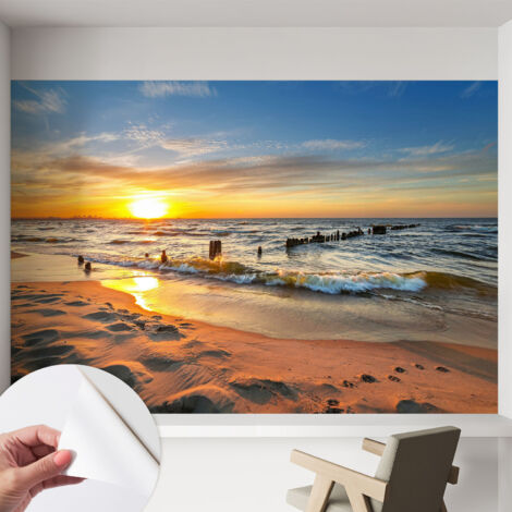 Papier peint adhésif autocollant pour salon chambre à coucher peint imprimé Installation facile Coucher de soleil sur la plage 152x104 cm (1/5)