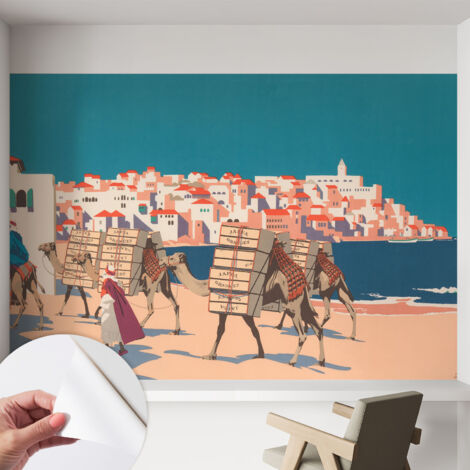 Papier peint autocollant avec imprimé décoratif pour salon et chambre à coucher Installation facile Caravane de chameaux 152x104 cm (1/5)