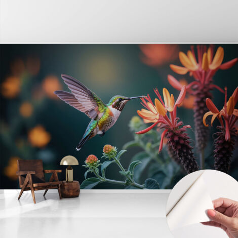 Papier peint adhésif autocollant pour salon chambre à coucher peint imprimé pour mur Fleurs de colibri 416x254 cm (1/5)