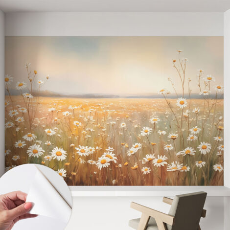 Papier peint adhésif autocollant pour salon chambre à coucher peint imprimé Installation facile Prairie fleurie 152x104 cm (1/5)