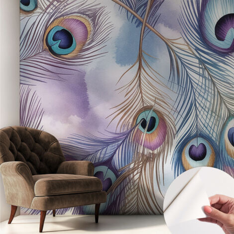 Papier peint autocollant adhésif avec imprimé motifs uniques apparence moderne Plumes de paon 250x250 cm (1/5)
