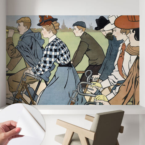 Papier peint adhésif autocollant pour salon chambre à coucher tendance et originale Cyclistes vintage 104x70 cm (1/5)