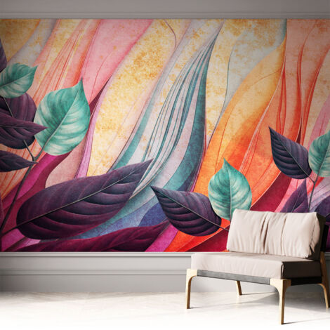 Papier peint adhésif décoratif avec colle pour salon chambre et bureau Installation rapide Feuilles abstraites 312x219 cm (1/5)