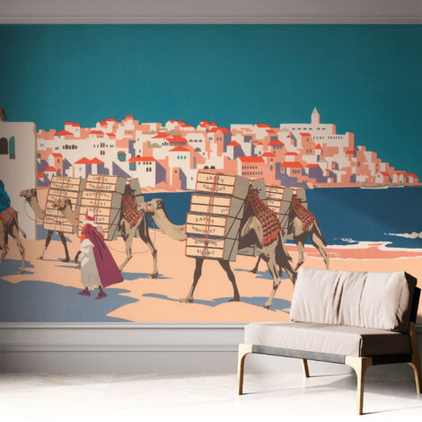 Papier peint autocollant avec imprimé décoratif pour salon et chambre à coucher Installation facile Caravane de chameaux 312x219 cm (1/5)