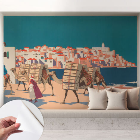 Papier peint autocollant avec imprimé décoratif pour salon et chambre à coucher Installation facile Caravane de chameaux 208x146 cm (1/5)