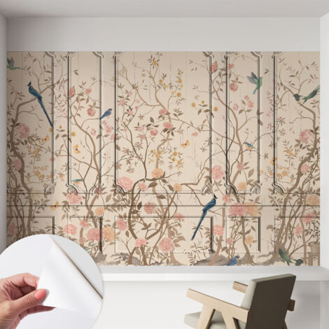 Papier peint adhésif décoratif pour salon chambre et cuisine Facile à poser avec colle Oiseaux et fleurs 152x104 cm (1/5)