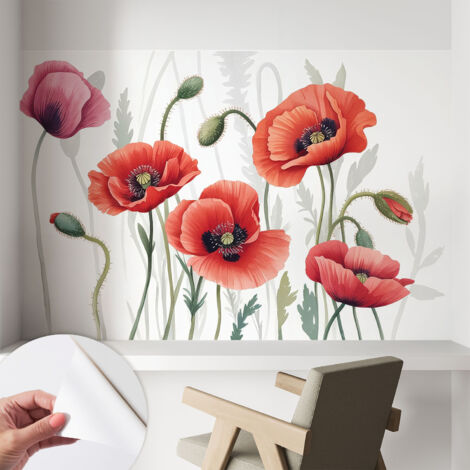 Papier peint adhésif autocollant pour salon chambre à coucher peint imprimé pour mur Coquelicots rouges 104x70 cm