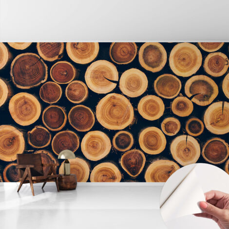 Papier peint adhésif décoratif pour chambre et salon Design moderne à poser facilement Cercles de bois 416x254 cm (1/5)
