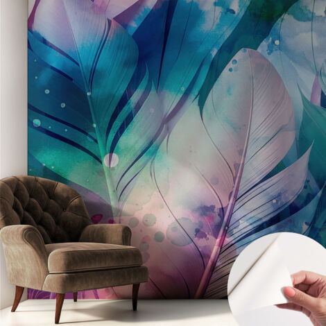 Papier peint autocollant décoratif à motifs pour salon chambre et bureau Tapete adhésif pour décoration Plumes colorées 250x250 cm (1/5)