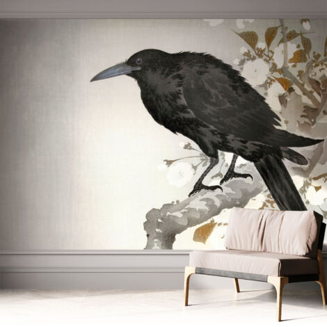 Papier peint autocollant décoratif à motifs pour salon chambre et bureau Tapete adhésif pour décoration Corbeau dans les fleurs 312x219 cm (1/5)