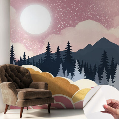 Papier peint autocollant décoratif à motifs pour salon chambre et bureau Tapete adhésif pour décoration Coucher de soleil rose 250x250 cm (1/5)