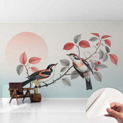Papier peint adhésif décoratif avec colle pour salon chambre à coucher et bureau Design moderne et facile à poser Oiseaux perchés 416x254 cm (1/5)