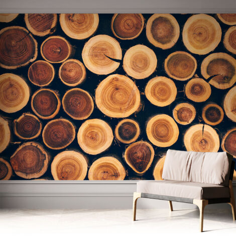 Papier peint adhésif décoratif pour chambre et salon Design moderne à poser facilement Cercles de bois 312x219 cm (1/5)