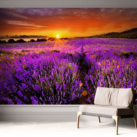Papier peint adhésif autocollant pour salon chambre à coucher peint imprimé pour mur Coucher de soleil lavande 312x219 cm (1/5)