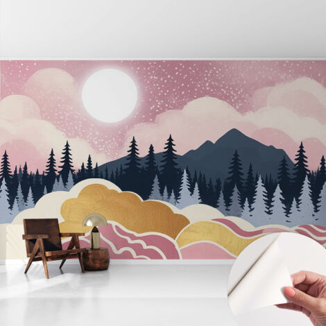 Papier peint autocollant décoratif à motifs pour salon chambre et bureau Tapete adhésif pour décoration Coucher de soleil rose 416x254 cm (1/5)