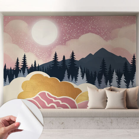 Papier peint autocollant décoratif à motifs pour salon chambre et bureau Tapete adhésif pour décoration Coucher de soleil rose 208x146 cm (1/5)