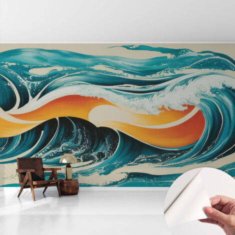 Papier peint adhésif décoratif pour chambre et salon Design moderne à poser facilement Vagues abstraites 416x254 cm (1/5)