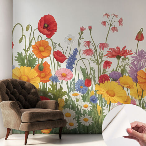 Papier peint autocollant décoratif à motifs pour salon chambre et bureau Tapete adhésif pour décoration Prairie fleurie 250x250 cm (1/5)