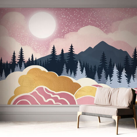 Papier peint autocollant décoratif à motifs pour salon chambre et bureau Tapete adhésif pour décoration Coucher de soleil rose 312x219 cm (1/5)