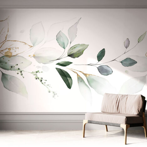 Papier peint autocollant décoratif à motifs pour salon chambre et bureau Tapete adhésif pour décoration Feuilles vertes 312x219 cm (1/5)