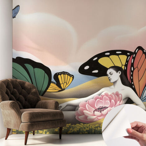 Papier peint autocollant décoratif à motifs pour salon chambre et bureau Tapete adhésif pour décoration Prairie aux papillons 250x250 cm (1/5)