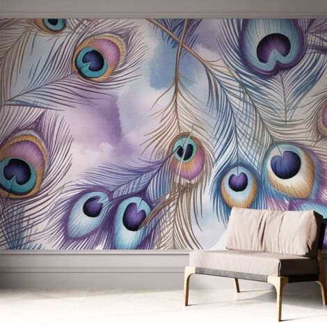 Papier peint autocollant adhésif avec imprimé motifs uniques apparence moderne Plumes de paon 312x219 cm (1/5)