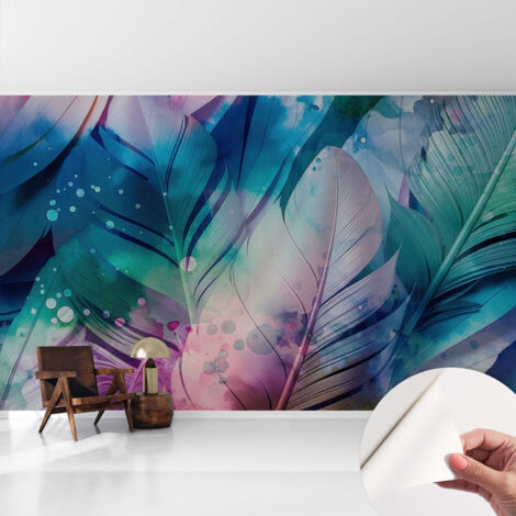Papier peint autocollant décoratif à motifs pour salon chambre et bureau Tapete adhésif pour décoration Plumes colorées 416x254 cm (1/5)