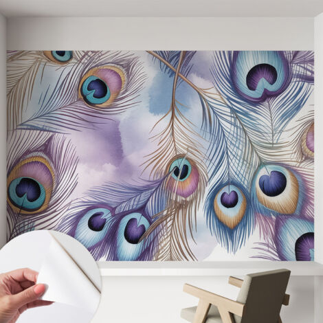 Papier peint autocollant adhésif avec imprimé motifs uniques apparence moderne Plumes de paon 152x104 cm (1/5)
