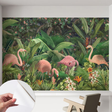 Papier peint adhésif décoratif avec colle pour salon chambre à coucher et bureau Design moderne et facile à poser Flamants roses 152x104 cm (1/5)