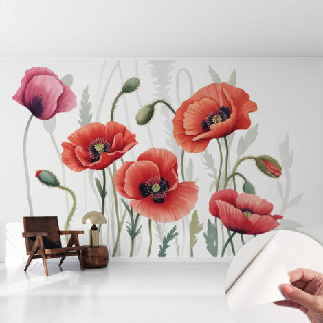 Papier peint autocollant adhésif décoratif avec motifs pour salon et chambre a motif Coquelicots rouges 416x254 cm