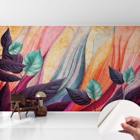 Papier peint adhésif décoratif avec colle pour salon chambre et bureau Installation rapide Feuilles abstraites 416x254 cm (1/5)