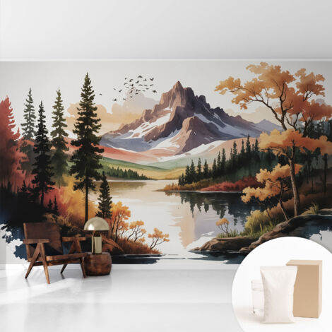 Papier peint intissé avec imprimé pour décoration intérieure pour rénovation a motif - Colle incluse gratuite Automne en montagne 416x254 cm (1/5)