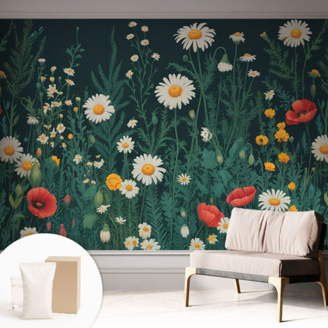 Papier peint intissé avec imprimé pour décoration intérieure pour rénovation a motif - Colle incluse gratuite Fleurs des champs 312x219 cm (1/5)