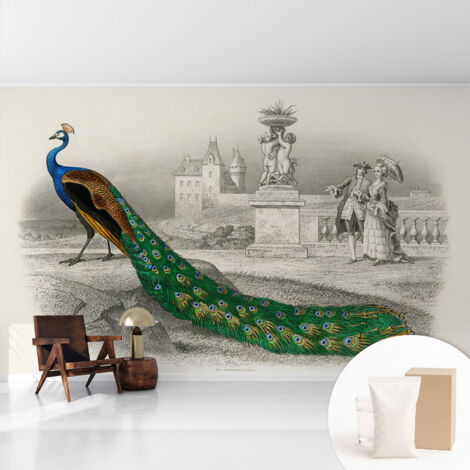Papier peint intissé pour salon chambre à coucher peint imprimé Installation facile - Colle incluse gratuite Plumes colorées 416x254 cm (1/5)