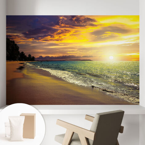 Papier peint intissé décoratif avec motifs pour salon et chambre a motif - Colle incluse gratuite Plage au coucher du soleil 104x70 cm (1/5)