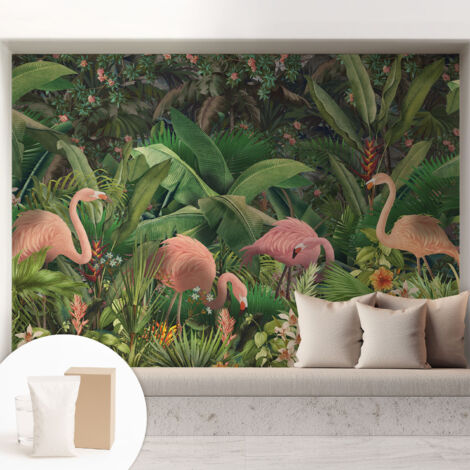 Papier peint intissé pour salon chambre à coucher peint imprimé pour mur - Colle incluse gratuite Flamants roses 208x146 cm (1/5)