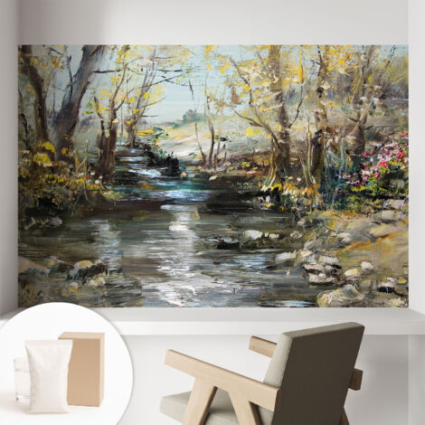 Papier peint intissé pour salon chambre à coucher peint imprimé pour mur - Colle incluse gratuite Ruisseau forestier 104x70 cm